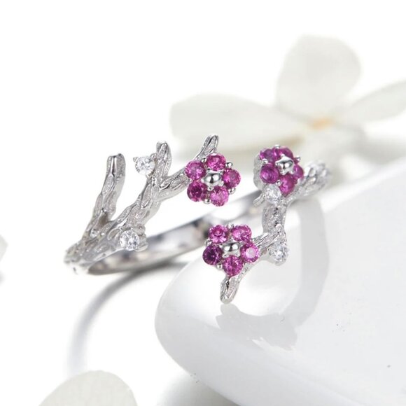 NWT Flower Ring S925 Sterling Silver Pink CZ Cherry Blossom Open Adjustable - Picture 7 of 7